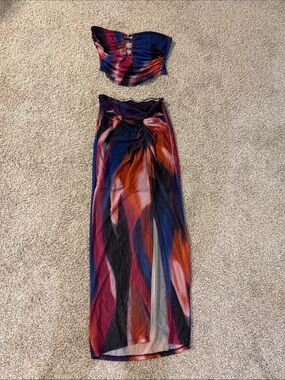 Abstract Multi-Color Maxi Skirt - Navy, Purple & Orange skirt and strapless top